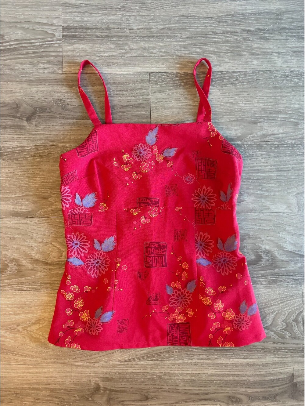 Y2K Vintage Red Cami Top Asian Cherry Blossom Floral Print Zip Back 2000s